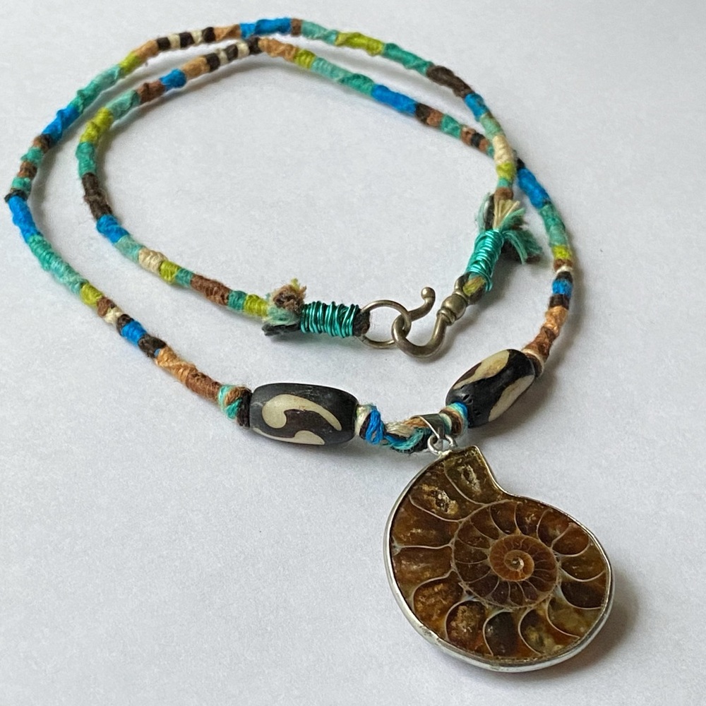 Natural Ammonite Pendant Woven Necklace